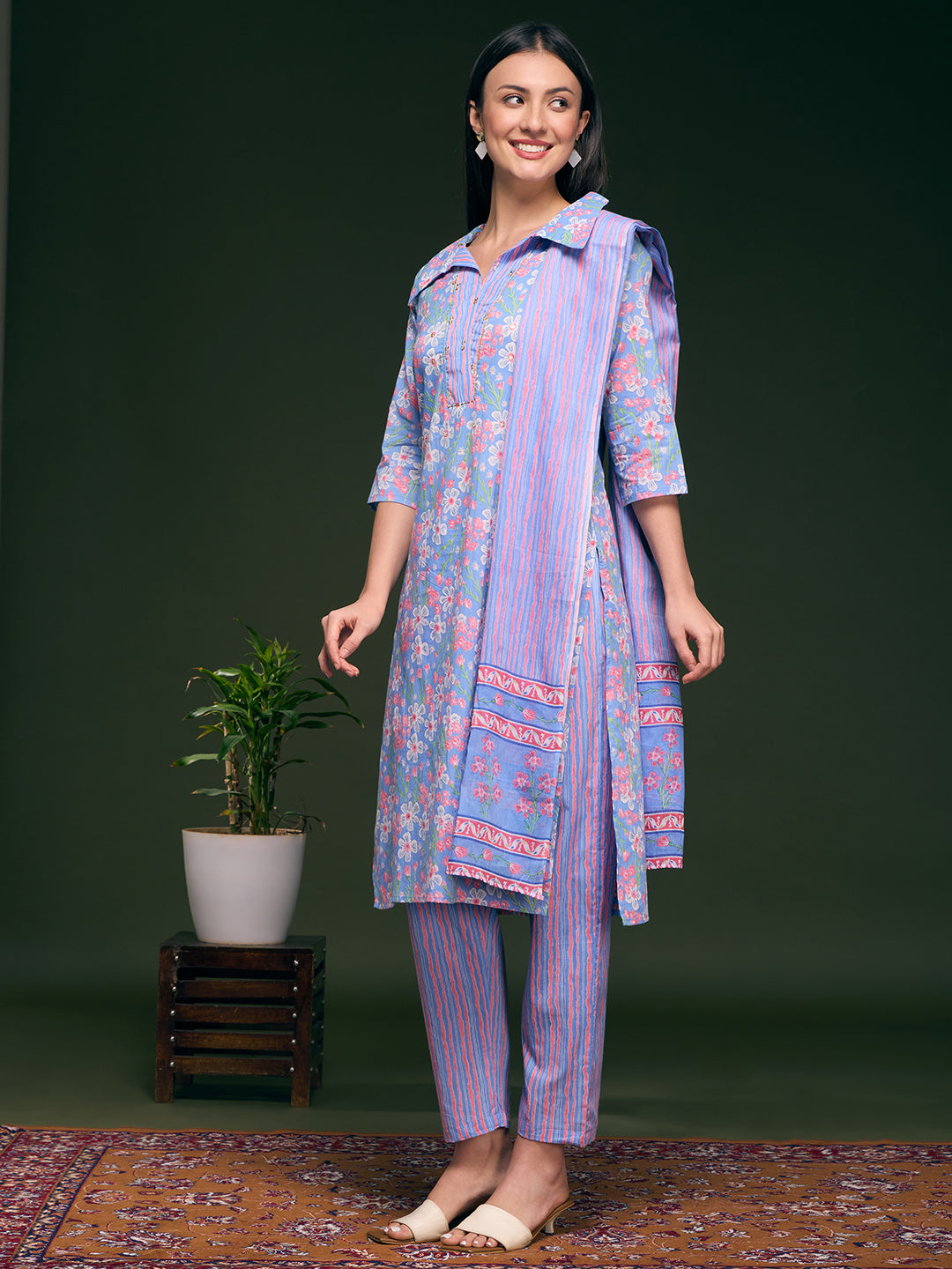 Floral Printed Straight Fit Kurta with Pant & Pure Cotton Dupatta - Blue