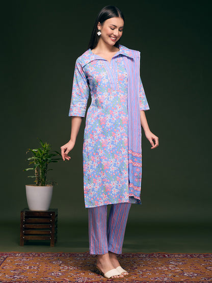 Floral Printed Straight Fit Kurta with Pant & Pure Cotton Dupatta - Blue