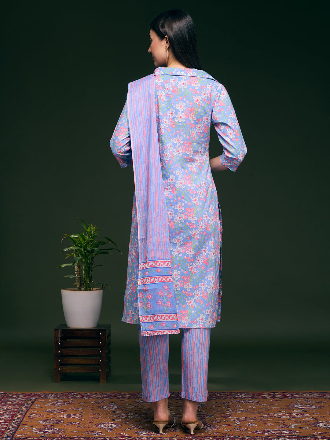 Floral Printed Straight Fit Kurta with Pant & Pure Cotton Dupatta - Blue