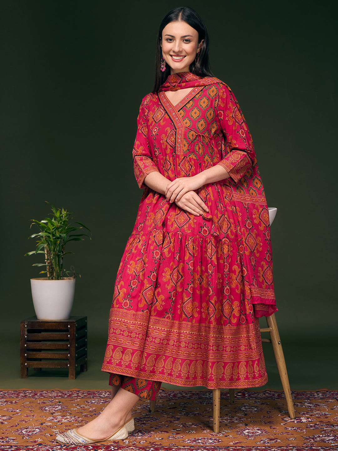 Ethnic Printed & Embroidered Anarkali Flared Kurta with Pant & Dupatta - Pink