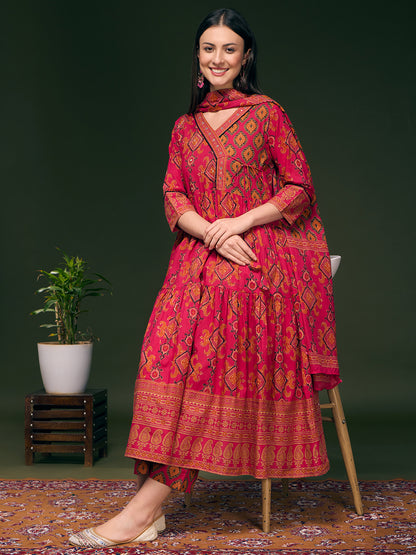 Ethnic Printed & Embroidered Anarkali Flared Kurta with Pant & Dupatta - Pink