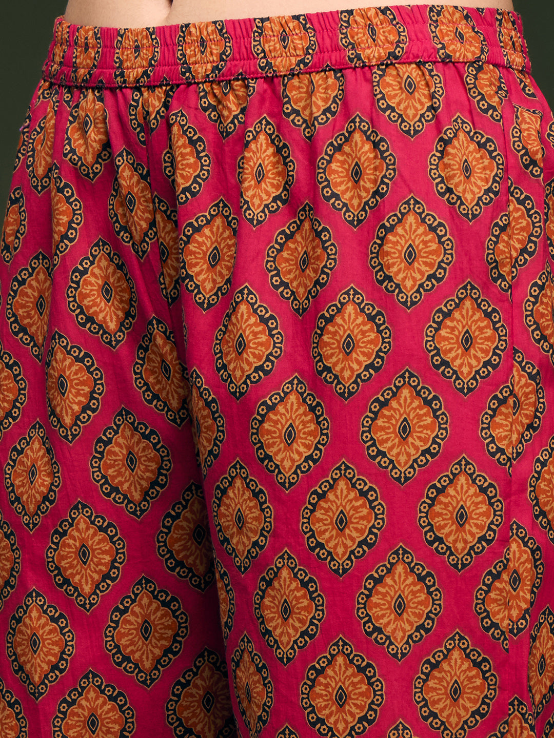 Ethnic Printed & Embroidered Anarkali Flared Kurta with Pant & Dupatta - Pink