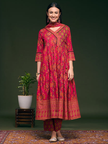 Ethnic Printed & Embroidered Anarkali Flared Kurta with Pant & Dupatta - Pink