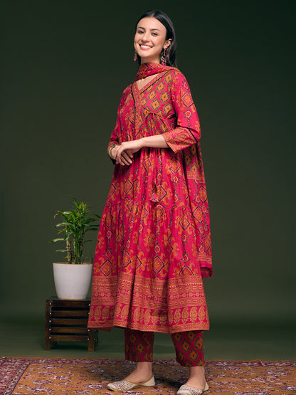 Ethnic Printed & Embroidered Anarkali Flared Kurta with Pant & Dupatta - Pink