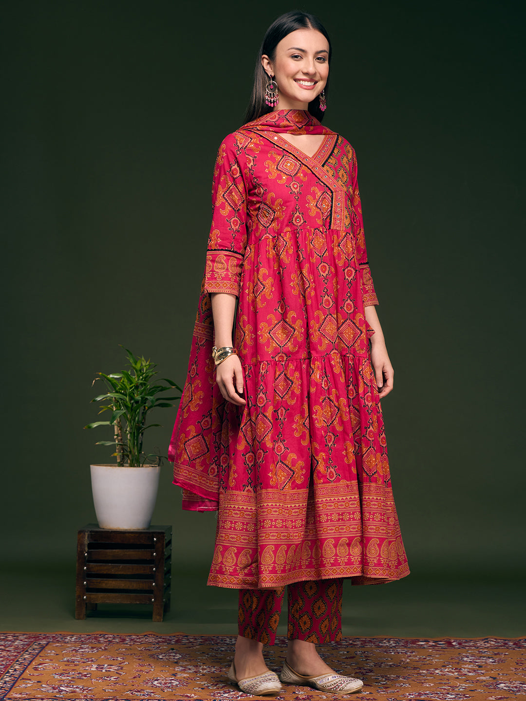 Ethnic Printed & Embroidered Anarkali Flared Kurta with Pant & Dupatta - Pink