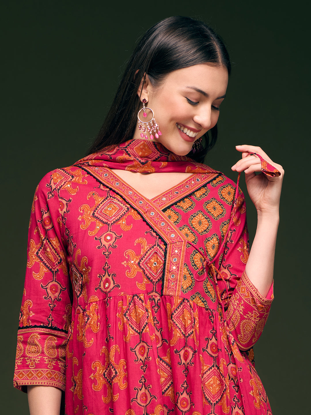 Ethnic Printed & Embroidered Anarkali Flared Kurta with Pant & Dupatta - Pink