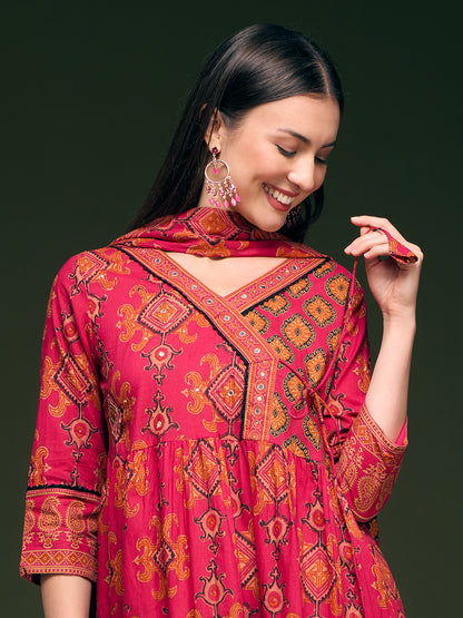 Ethnic Printed & Embroidered Anarkali Flared Kurta with Pant & Dupatta - Pink