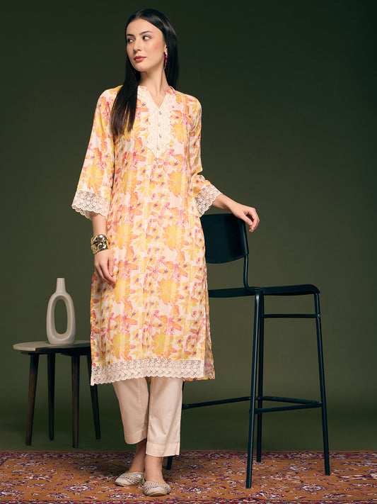 Abstract Floral Printed A-Line Kurta with Pant - Multi