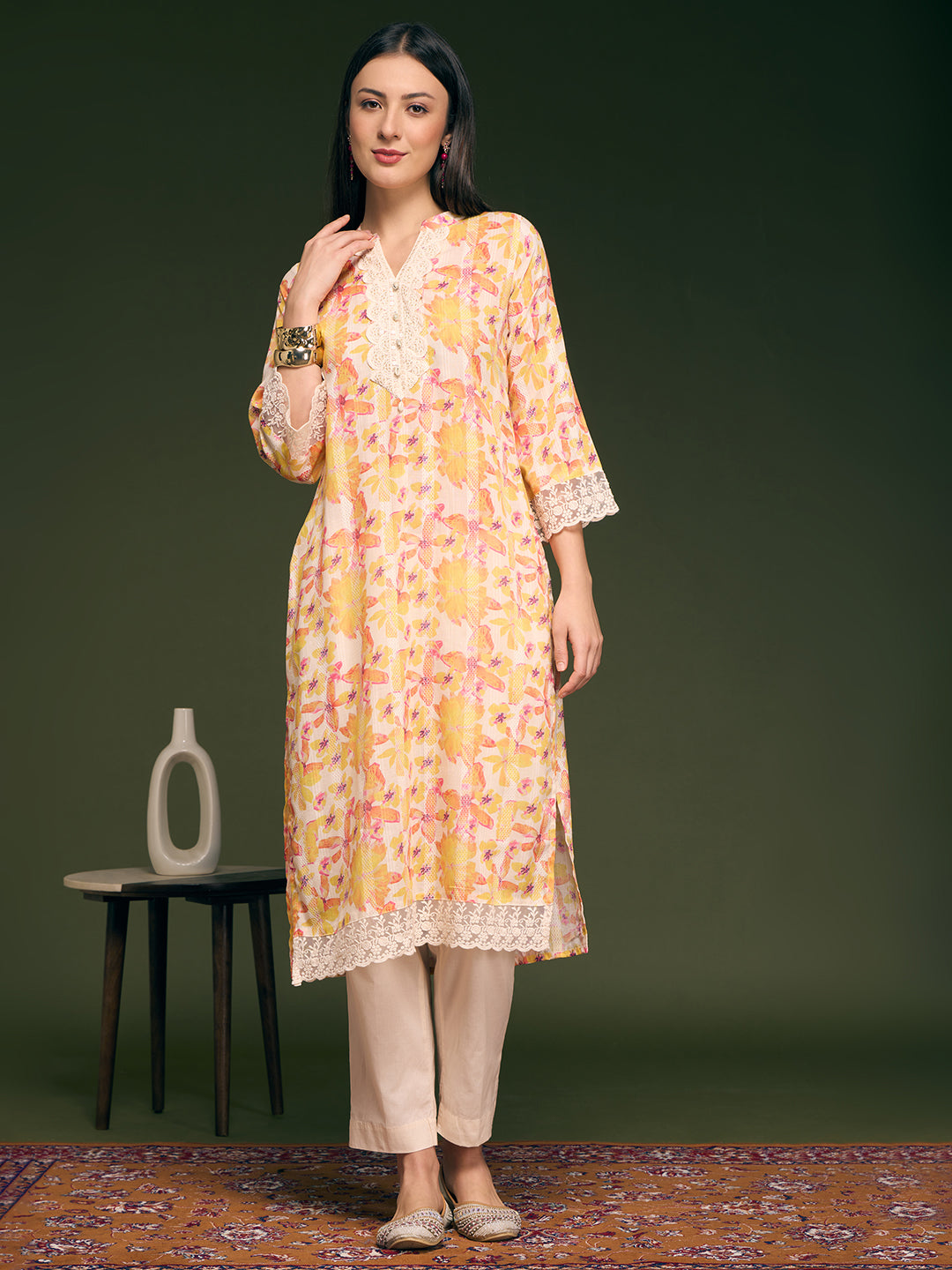 Abstract Floral Printed A-Line Kurta with Pant - Multi