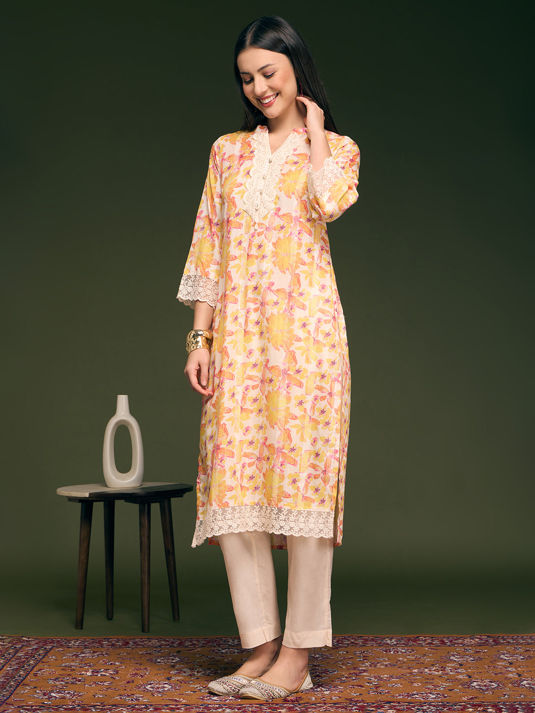 Abstract Floral Printed A-Line Kurta with Pant - Multi
