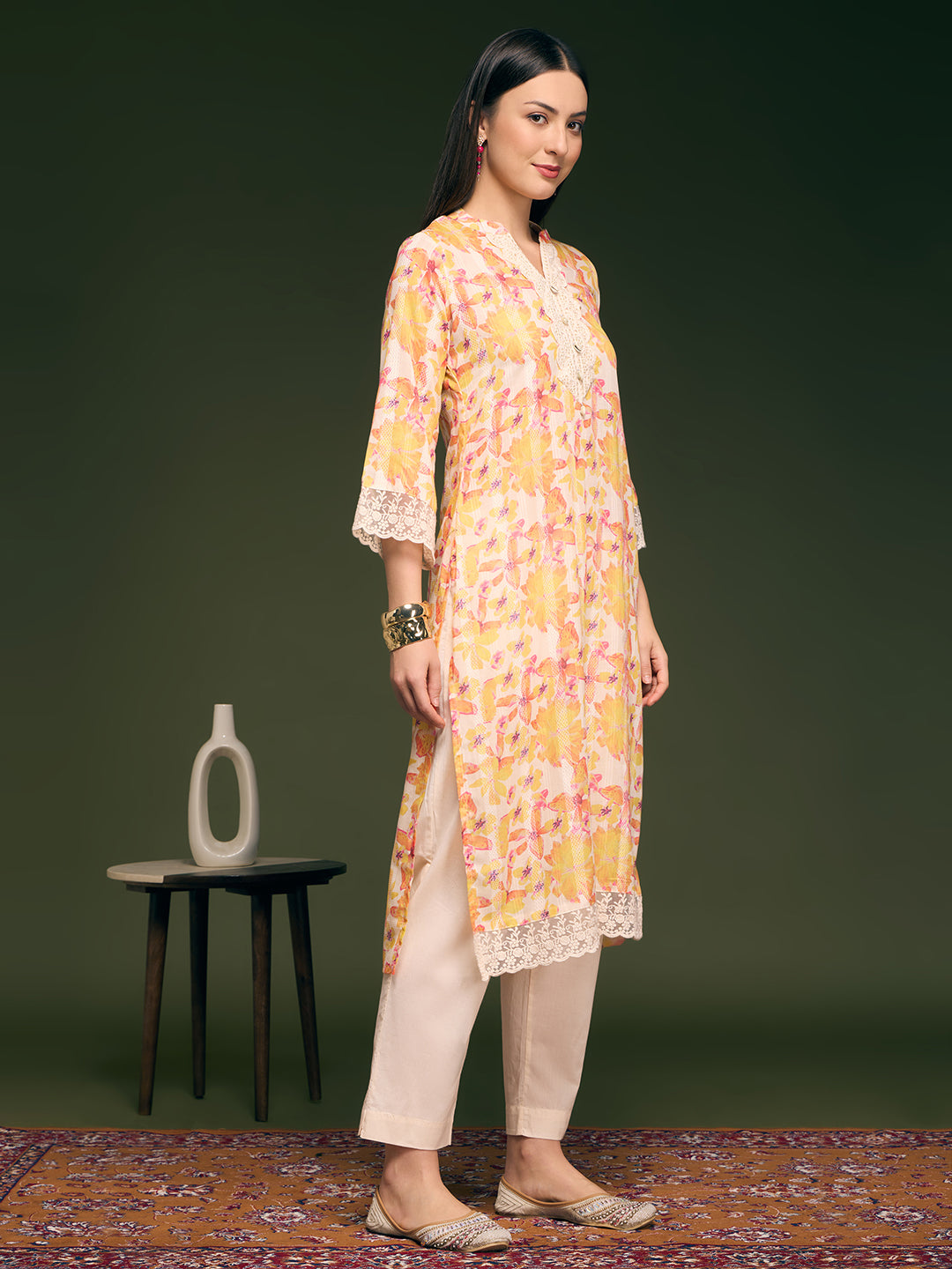 Abstract Floral Printed A-Line Kurta with Pant - Multi