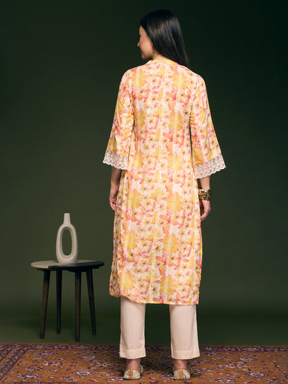 Abstract Floral Printed A-Line Kurta with Pant - Multi