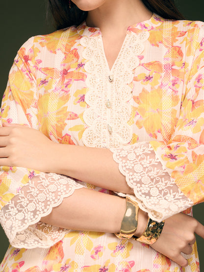 Abstract Floral Printed A-Line Kurta with Pant - Multi