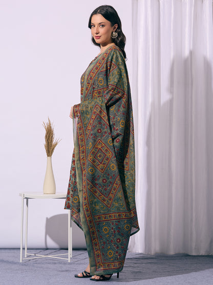 Ethnic Floral Printed A-Line Kurta with Pant & Dupatta - Multi