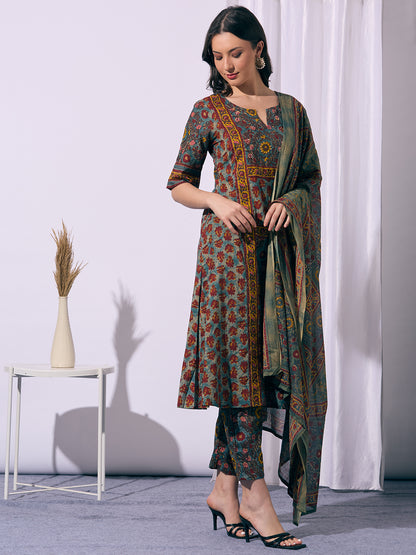 Ethnic Floral Printed A-Line Kurta with Pant & Dupatta - Multi