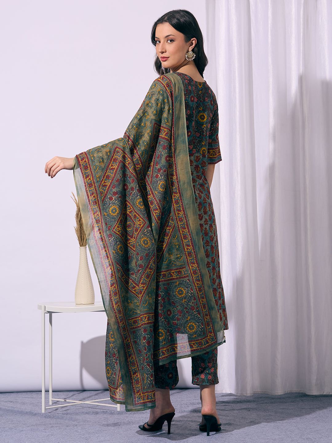 Ethnic Floral Printed A-Line Kurta with Pant & Dupatta - Multi