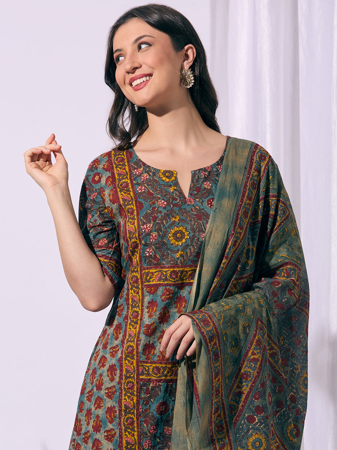 Ethnic Floral Printed A-Line Kurta with Pant & Dupatta - Multi