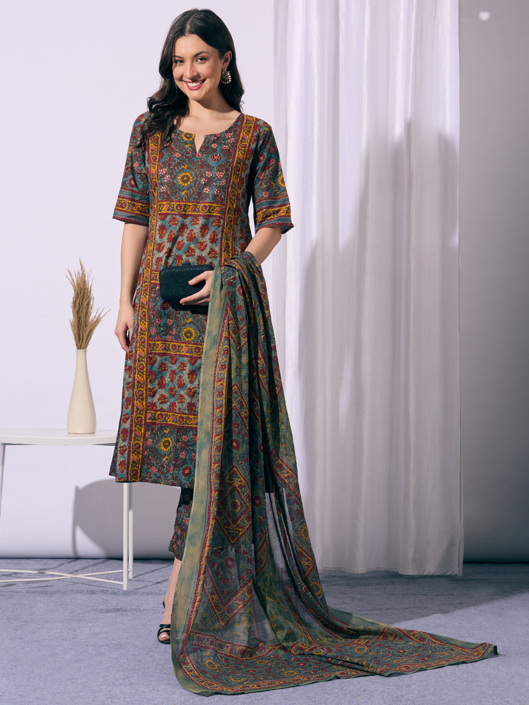 Ethnic Floral Printed A-Line Kurta with Pant & Dupatta - Multi