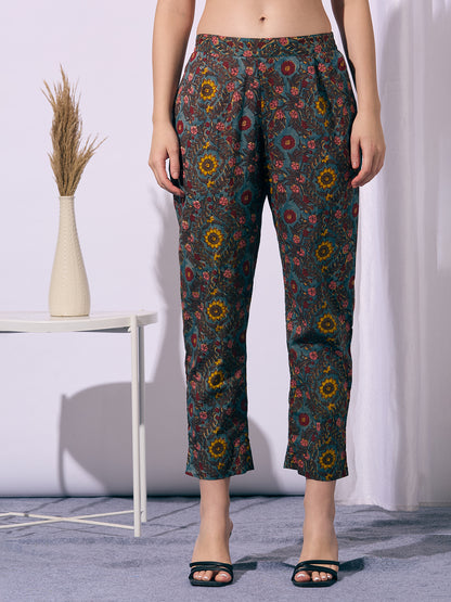 Ethnic Floral Printed A-Line Kurta with Pant & Dupatta - Multi