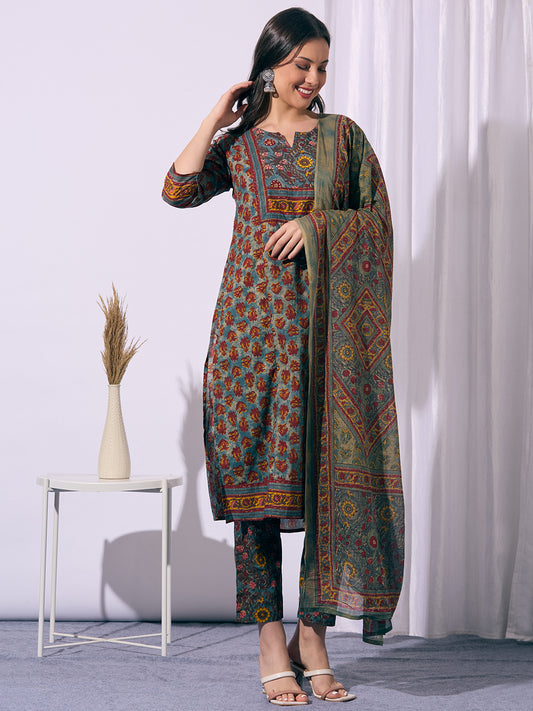 Ethnic Floral Printed Straight Fit Kurta with Pant and Dupatta - Teal