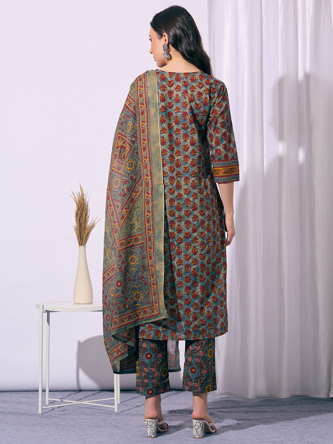 Ethnic Floral Printed Straight Fit Kurta with Pant and Dupatta - Teal