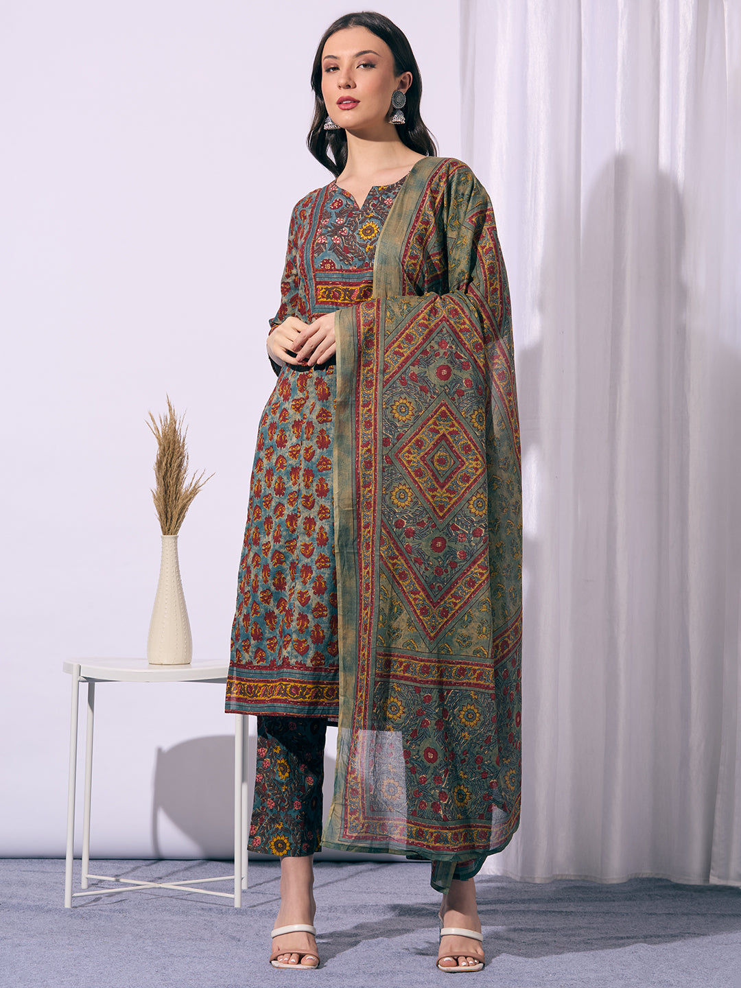 Ethnic Floral Printed Straight Fit Kurta with Pant and Dupatta - Teal