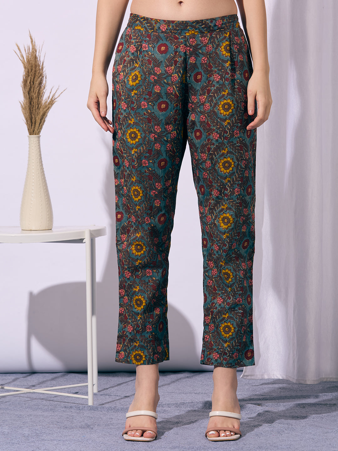 Ethnic Floral Printed Straight Fit Kurta with Pant and Dupatta - Teal