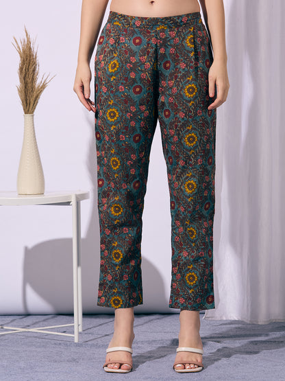 Ethnic Floral Printed Straight Fit Kurta with Pant and Dupatta - Teal