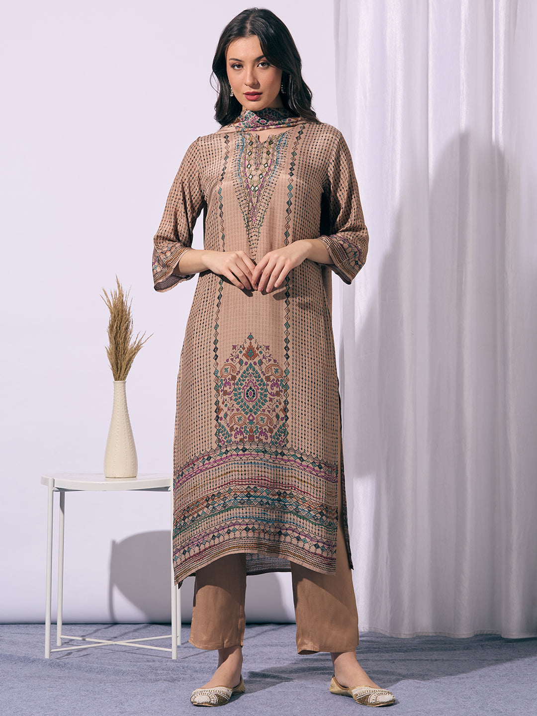 Ethnic Floral Printed Embroidered Straight Fit Kurta with Pant and Dupatta - Beige