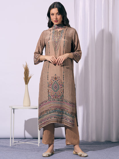 Ethnic Floral Printed Embroidered Straight Fit Kurta with Pant and Dupatta - Beige
