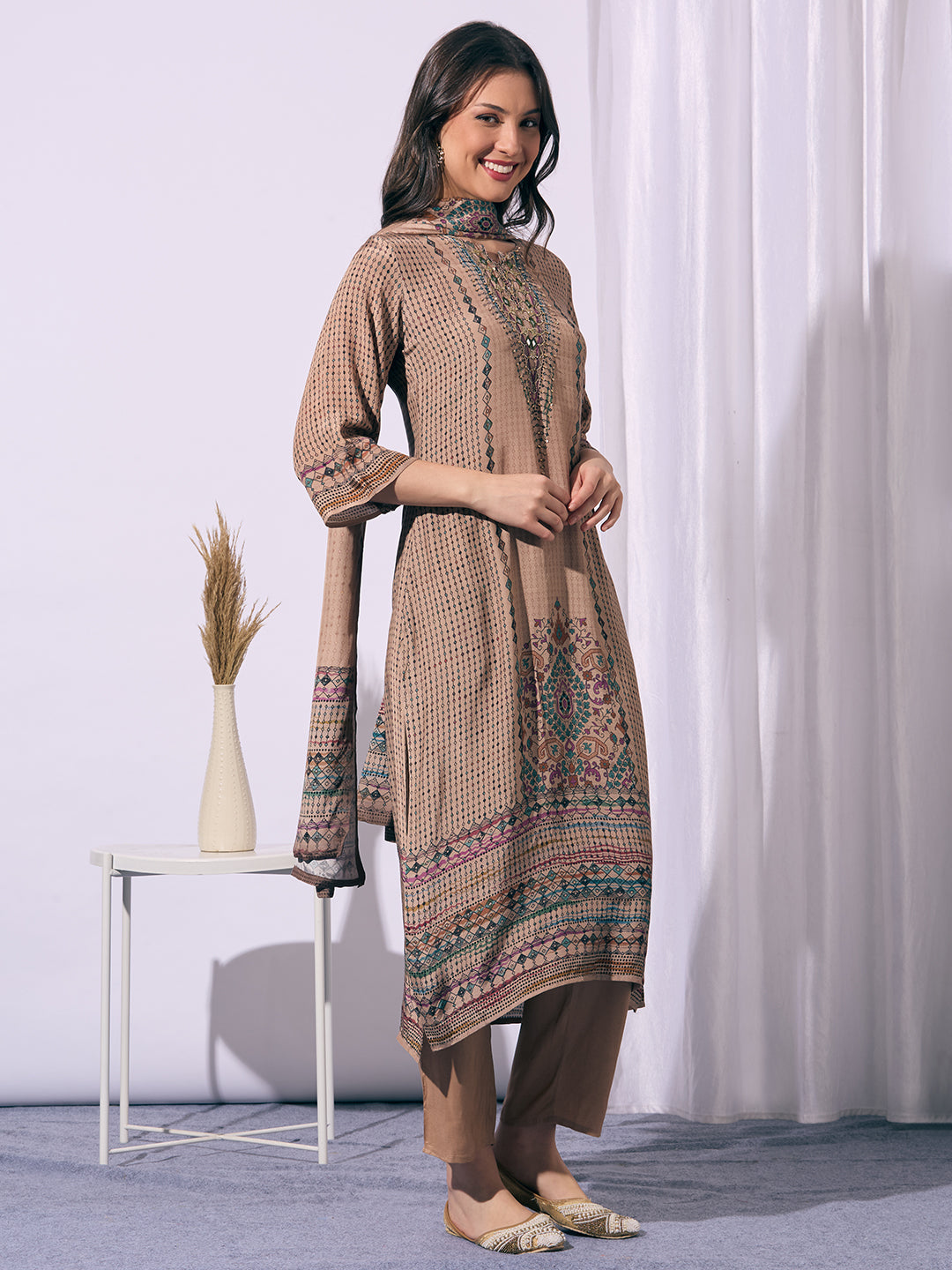 Ethnic Floral Printed Embroidered Straight Fit Kurta with Pant and Dupatta - Beige