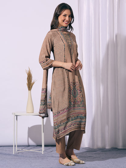 Ethnic Floral Printed Embroidered Straight Fit Kurta with Pant and Dupatta - Beige