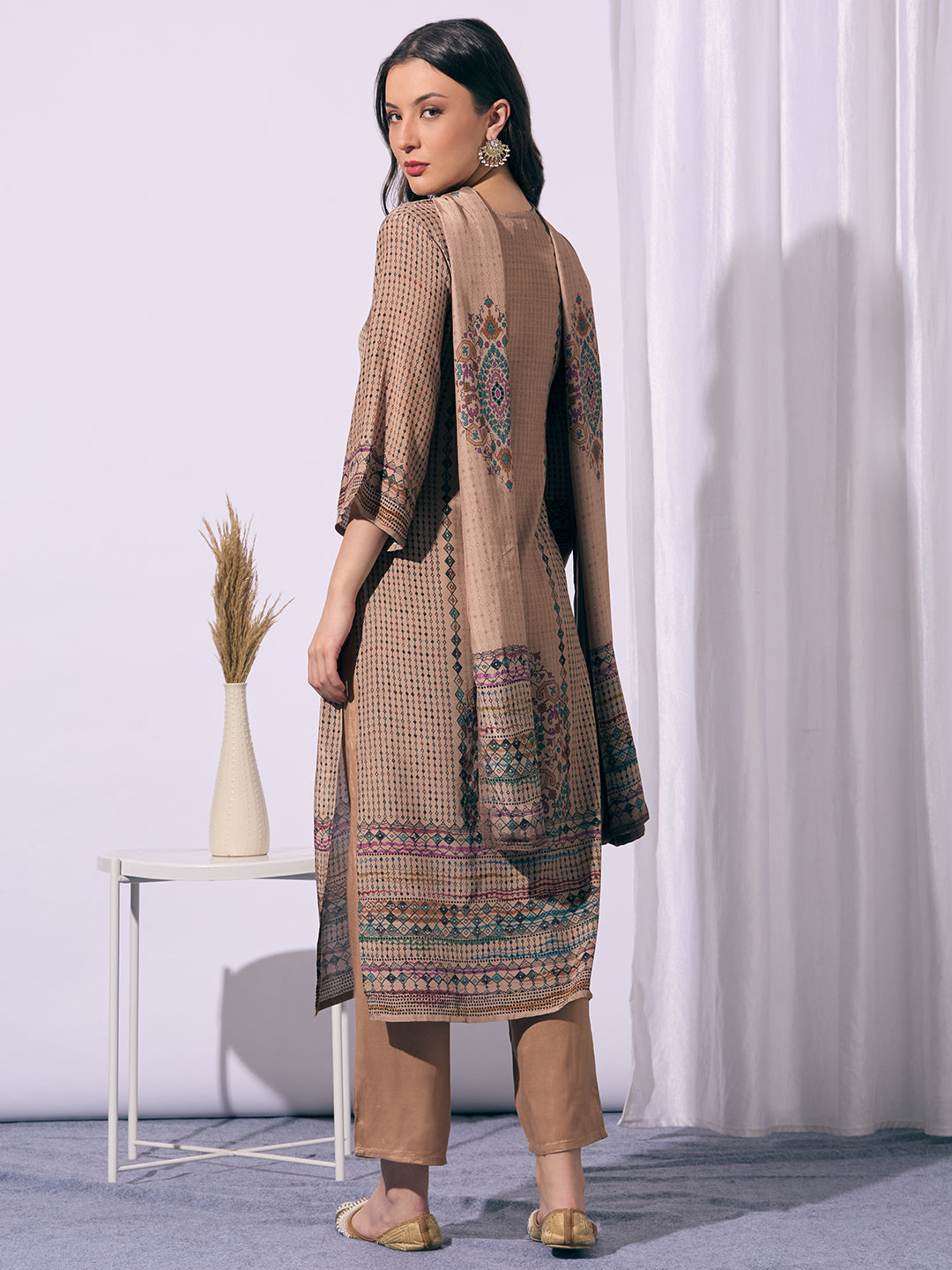 Ethnic Floral Printed Embroidered Straight Fit Kurta with Pant and Dupatta - Beige