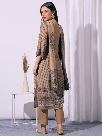 Ethnic Floral Printed Embroidered Straight Fit Kurta with Pant and Dupatta - Beige