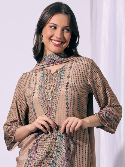 Ethnic Floral Printed Embroidered Straight Fit Kurta with Pant and Dupatta - Beige