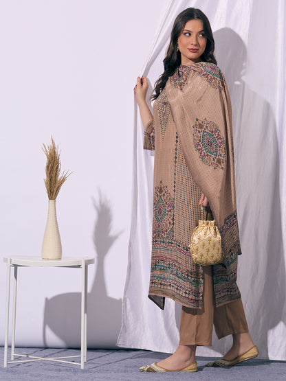 Ethnic Floral Printed Embroidered Straight Fit Kurta with Pant and Dupatta - Beige