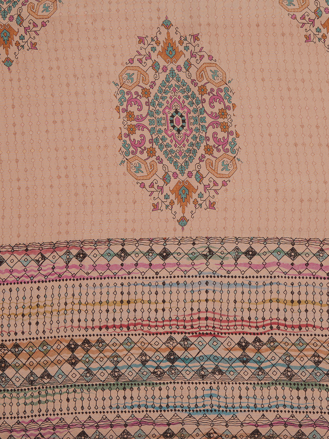 Ethnic Floral Printed Embroidered Straight Fit Kurta with Pant and Dupatta - Beige