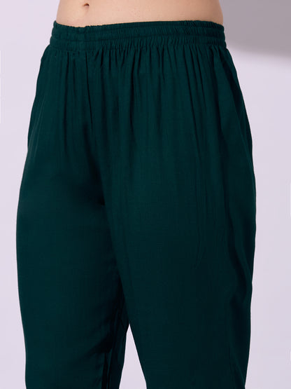 Solid Ethnic Embroidered Anarkali Flared Kurta with Pant and Dupatta - Green