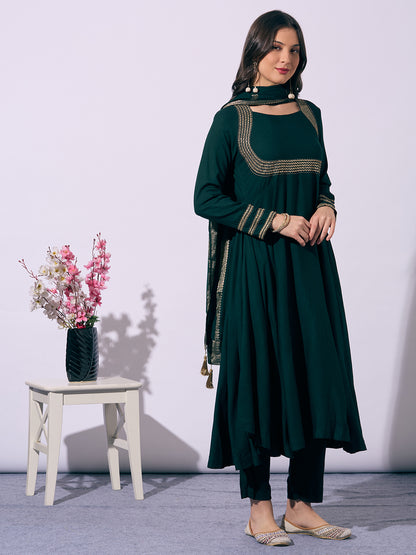 Solid Ethnic Embroidered Anarkali Flared Kurta with Pant and Dupatta - Green