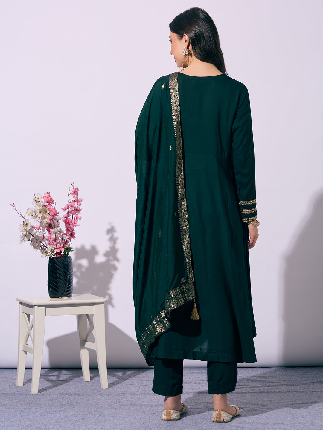Solid Ethnic Embroidered Anarkali Flared Kurta with Pant and Dupatta - Green
