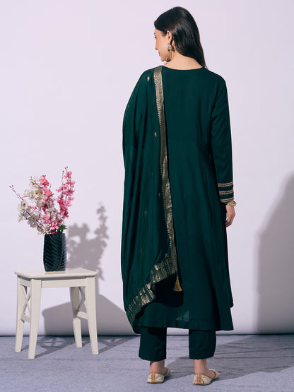Solid Ethnic Embroidered Anarkali Flared Kurta with Pant and Dupatta - Green