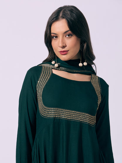 Solid Ethnic Embroidered Anarkali Flared Kurta with Pant and Dupatta - Green