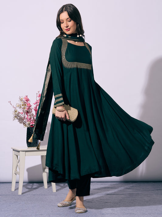 Solid Ethnic Embroidered Anarkali Flared Kurta with Pant and Dupatta - Green