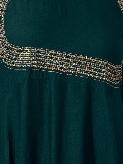 Solid Ethnic Embroidered Anarkali Flared Kurta with Pant and Dupatta - Green