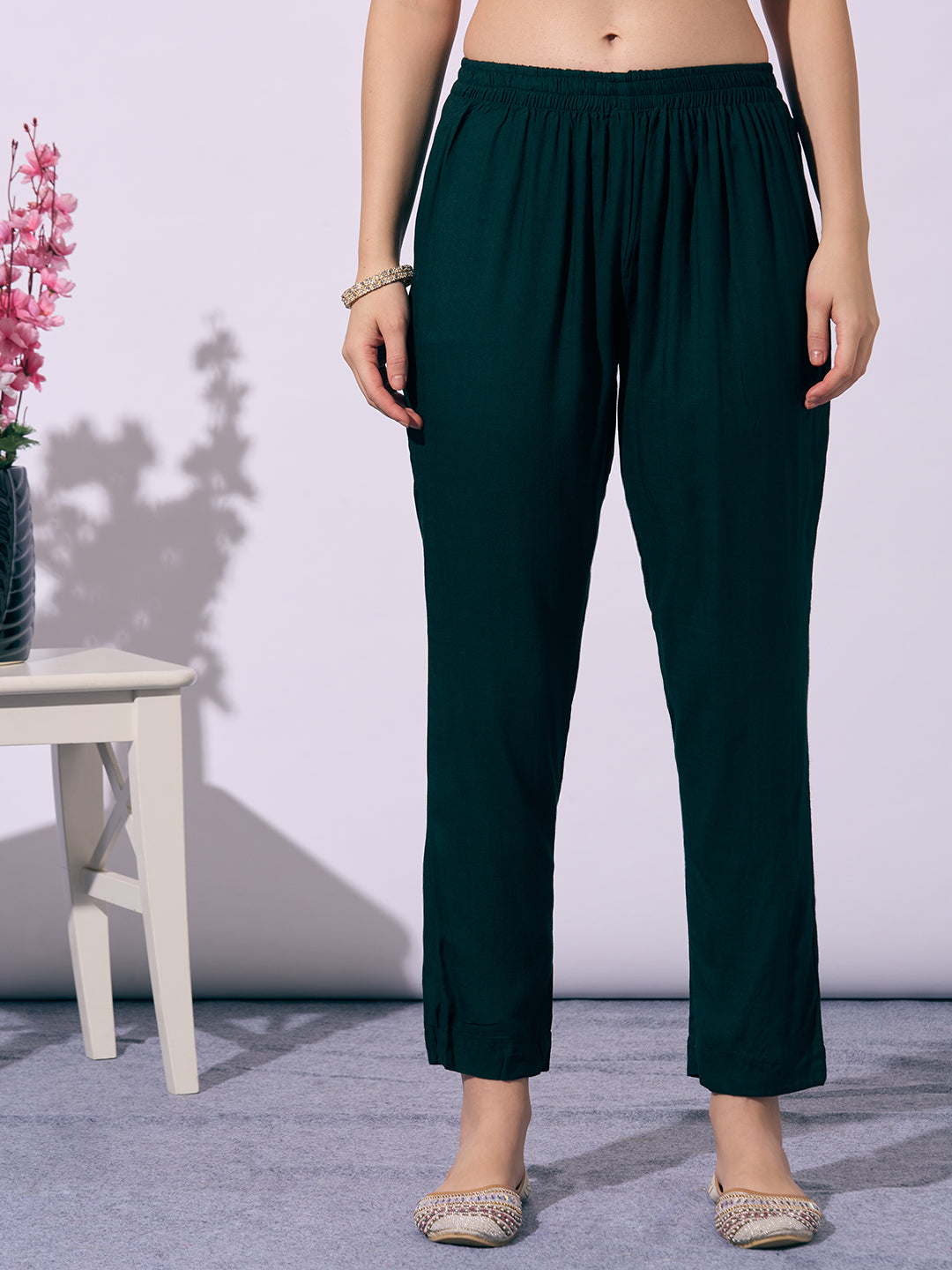 Solid Ethnic Embroidered Anarkali Flared Kurta with Pant and Dupatta - Green