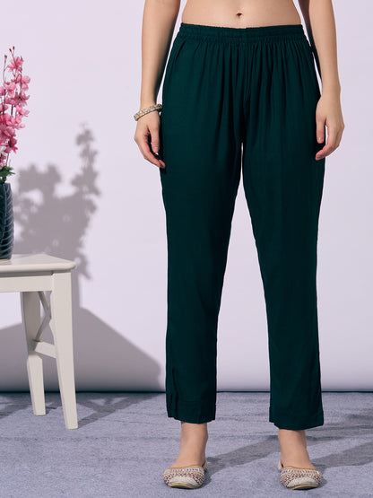 Solid Ethnic Embroidered Anarkali Flared Kurta with Pant and Dupatta - Green