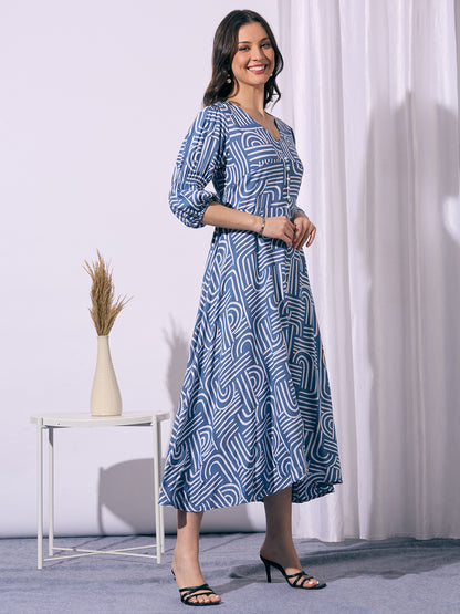 Abstract Printed A-Line Fit & Flared Maxi Dress - Blue