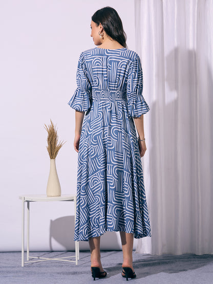 Abstract Printed A-Line Fit & Flared Maxi Dress - Blue