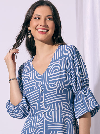 Abstract Printed A-Line Fit & Flared Maxi Dress - Blue