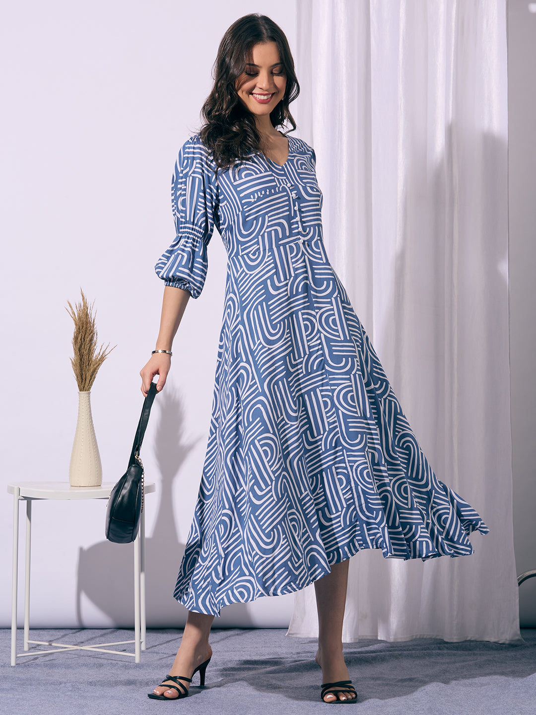 Abstract Printed A-Line Fit & Flared Maxi Dress - Blue